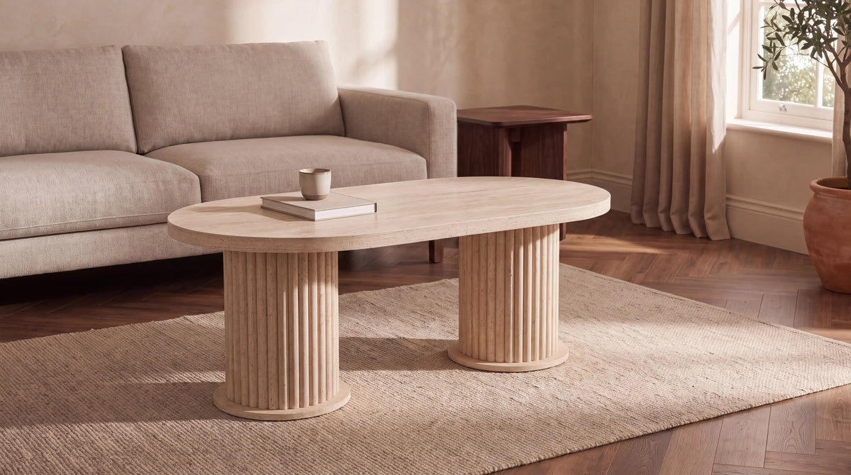 Table basse LONDON finition travertin — 120 × 68 × 47 cm