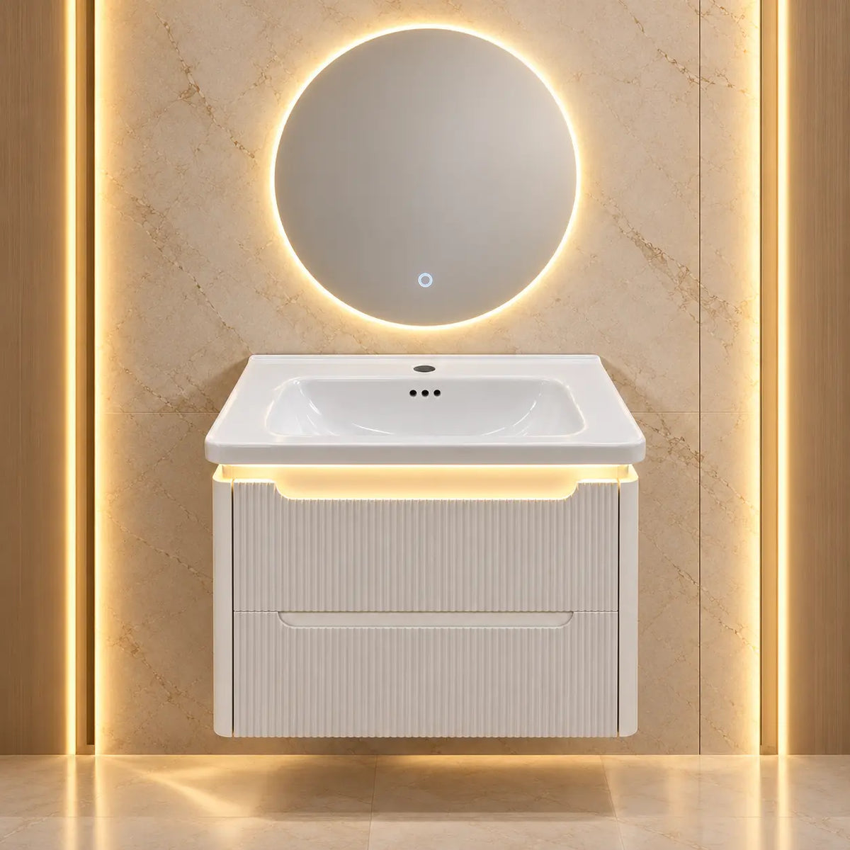 Pack OPALINE — meuble, vasque et miroir rond LED antibuée inclus