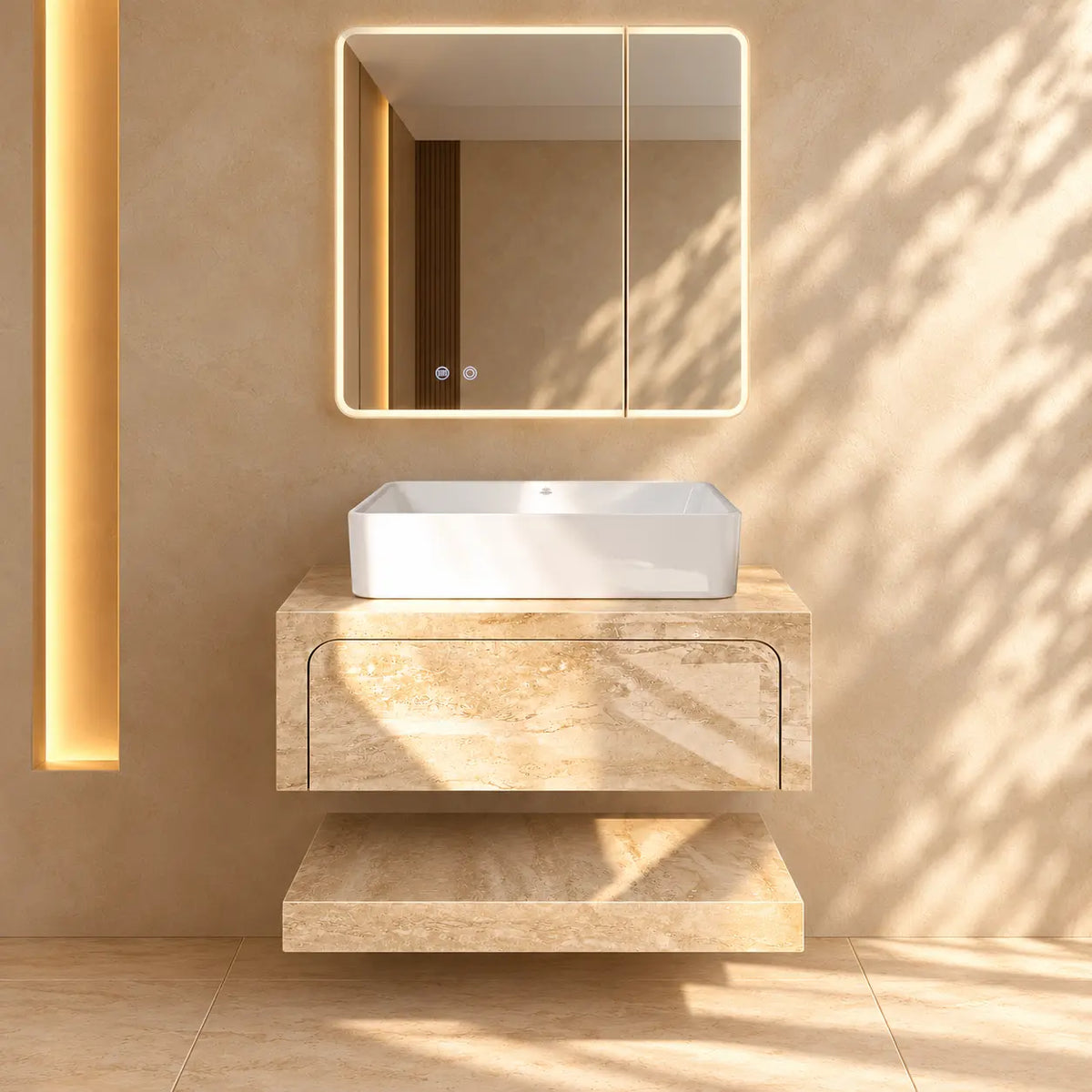 Pack SIENNA — meuble, vasque et miroir rectangulaire LED antibuée inclus