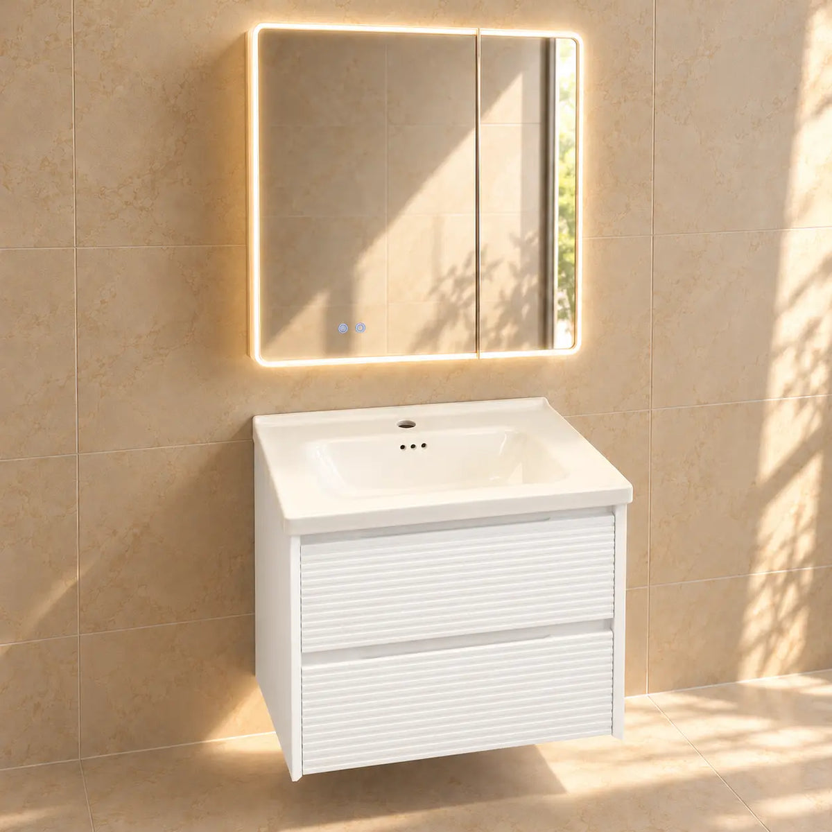 RIVAGE blanc, deux tiroirs, miroir rectangulaire LED allumé