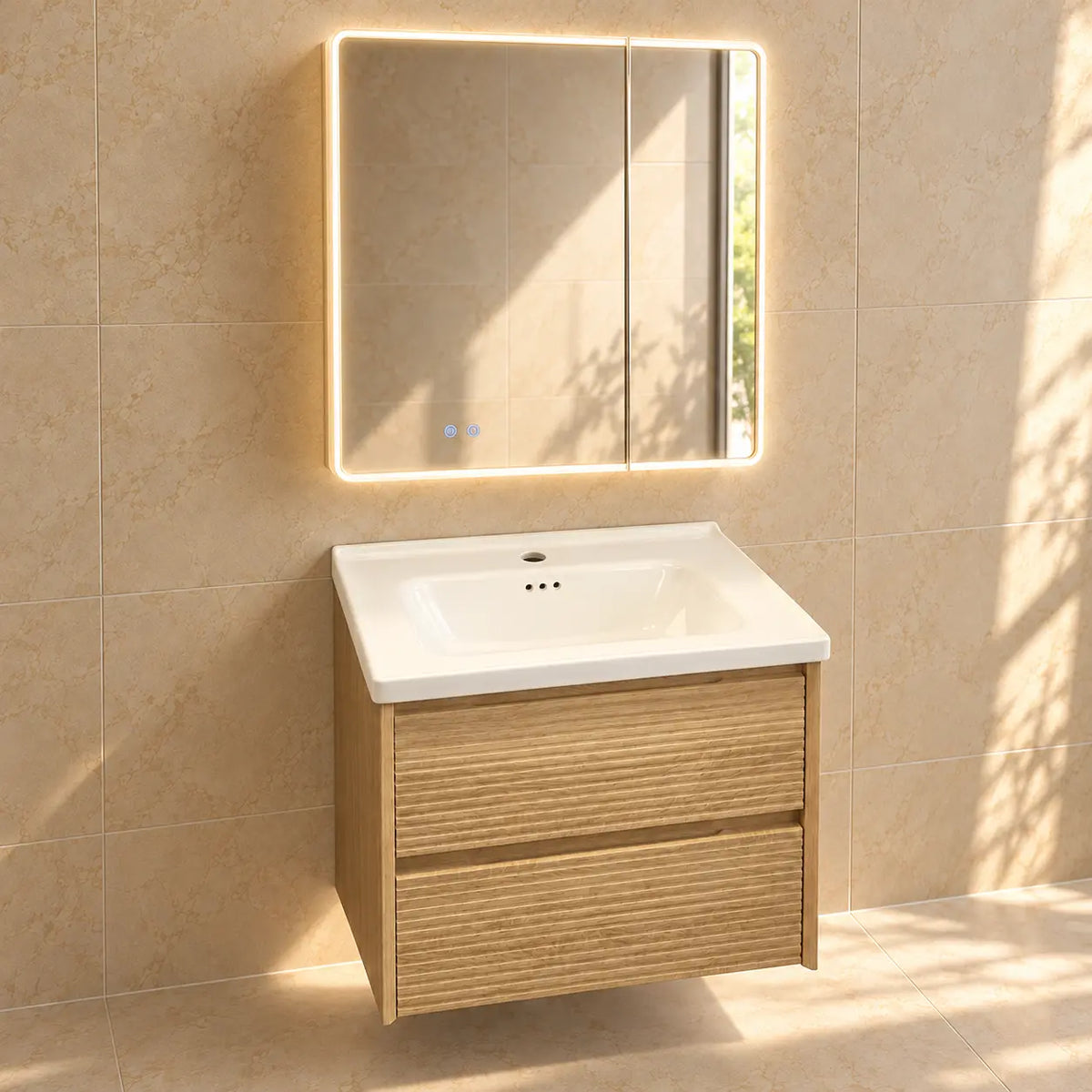 RIVAGE bois naturel, deux tiroirs, miroir rectangulaire LED allumé