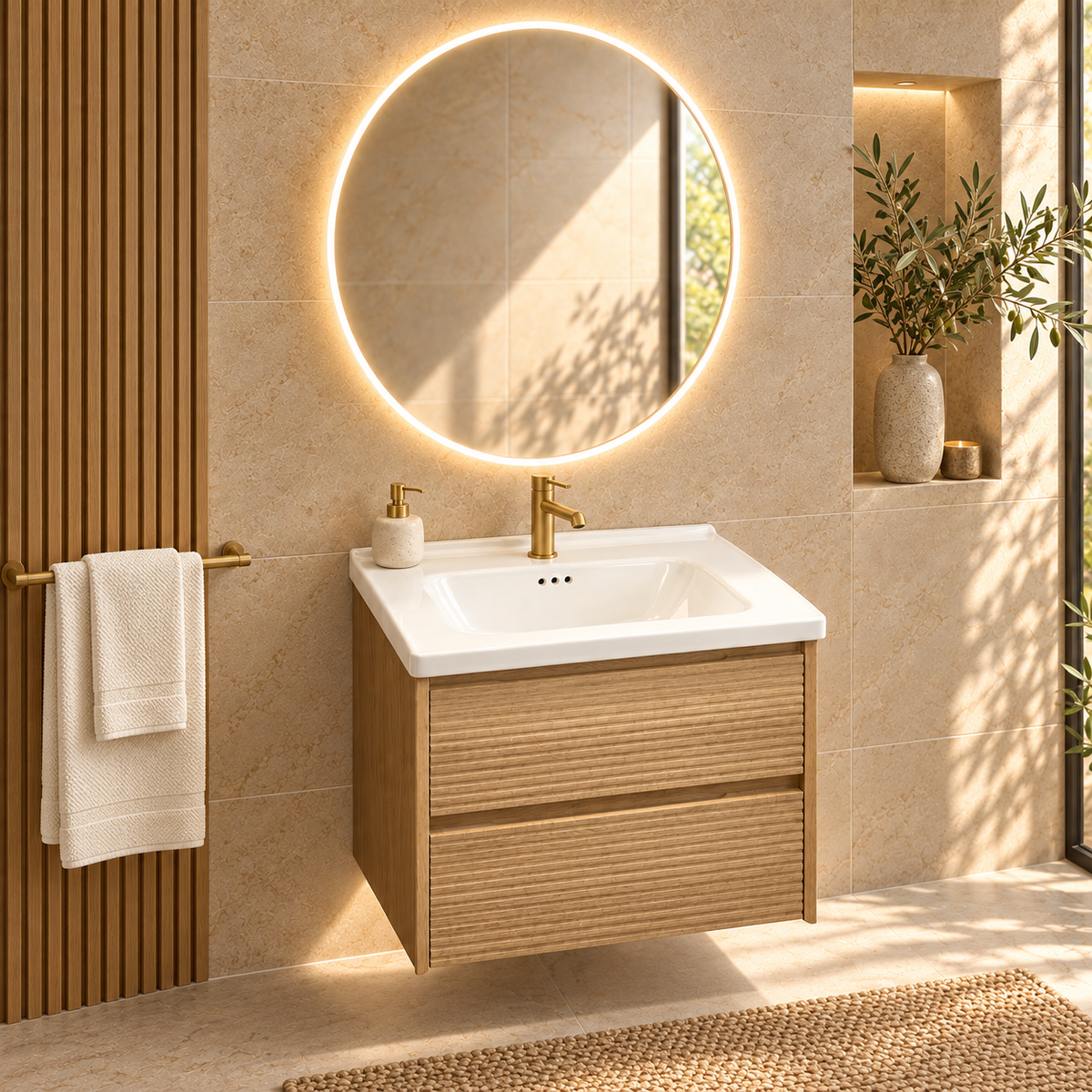 Vasques suspendues et miroirs LED — ambiance avec robinetterie et décoration