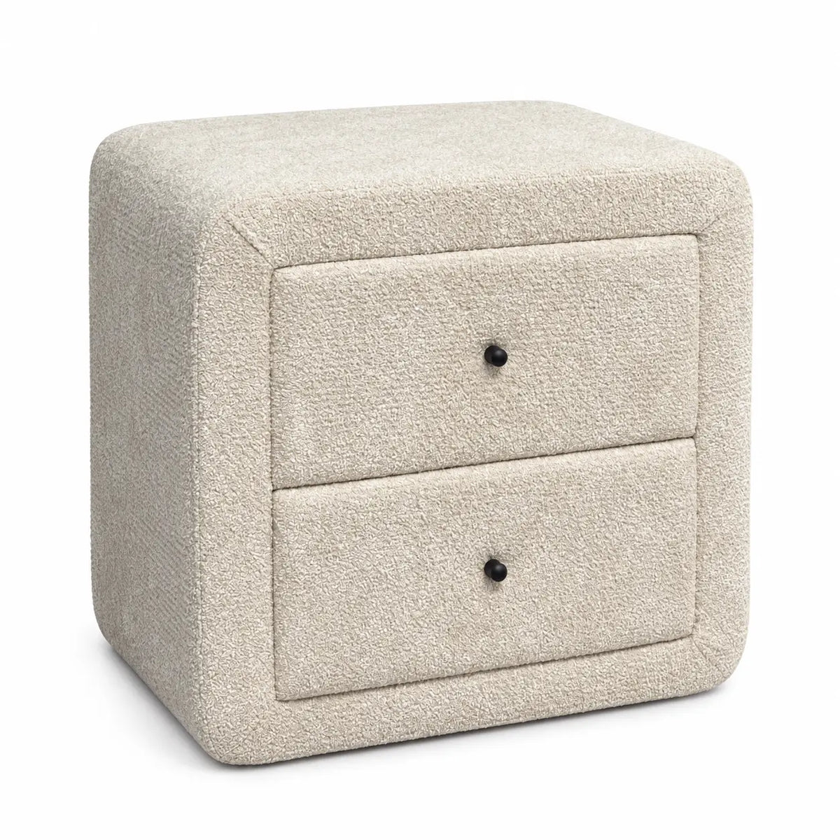Table de chevet MODENA Pierre Cardin en tissu bouclé ivoire, deux tiroirs et boutons noirs, sur fond blanc
