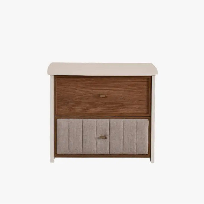 Table de chevet KAPOK Bambi : finition bois brun, cadre crème et tiroir inférieur en tissu beige