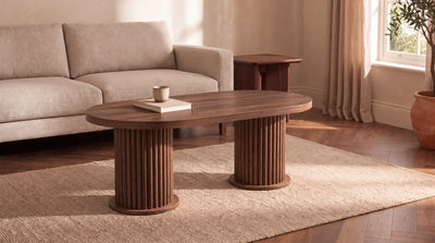 Table basse LONDON bois noyer — mise en ambiance, déclinaison de teinte
