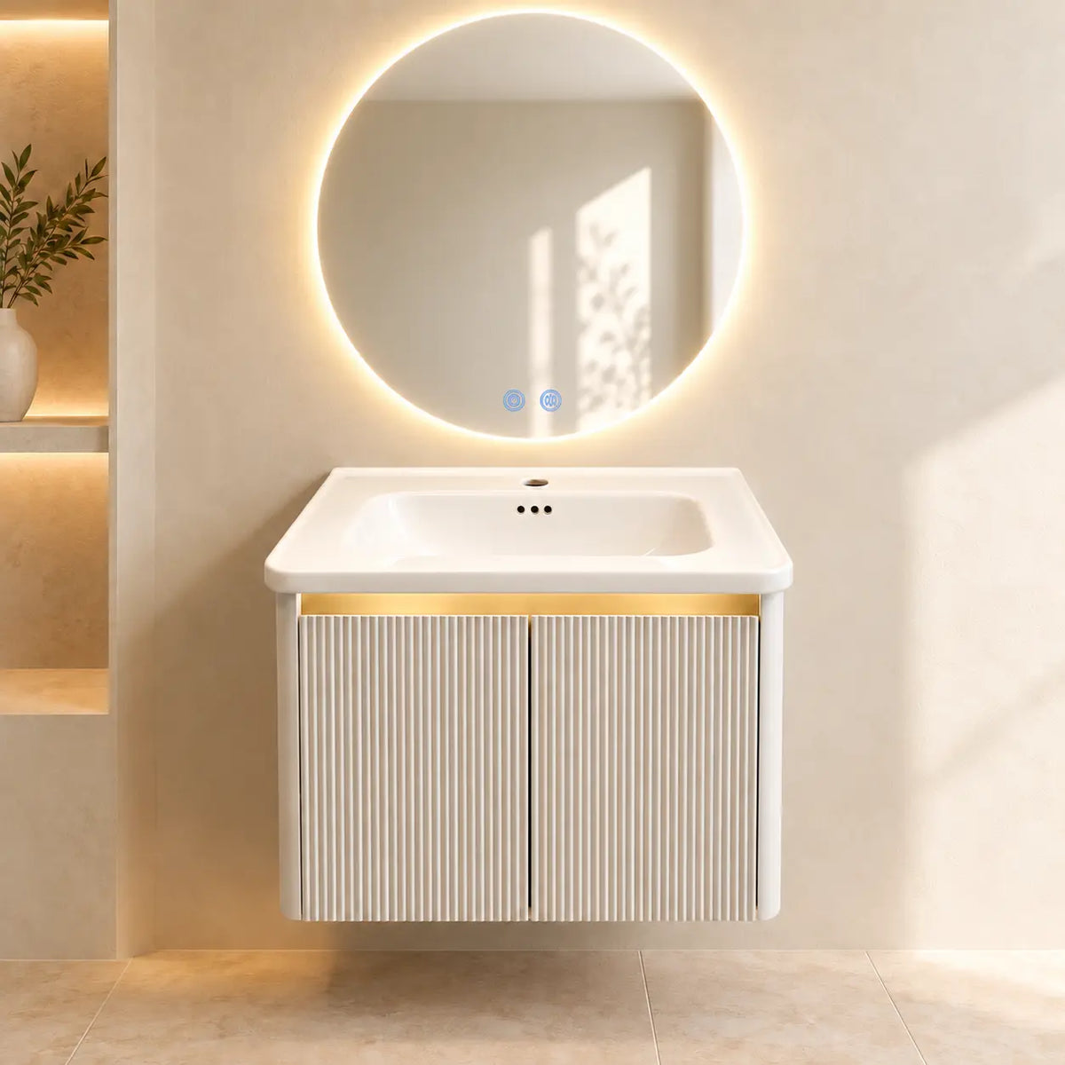 Pack AUREA — meuble, vasque et miroir rond LED antibuée inclus