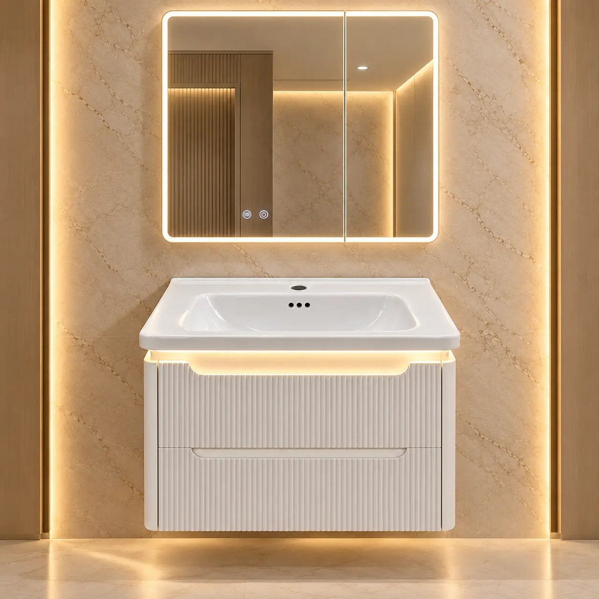 Pack OPALINE — meuble, vasque et miroir rectangulaire LED antibuée inclus