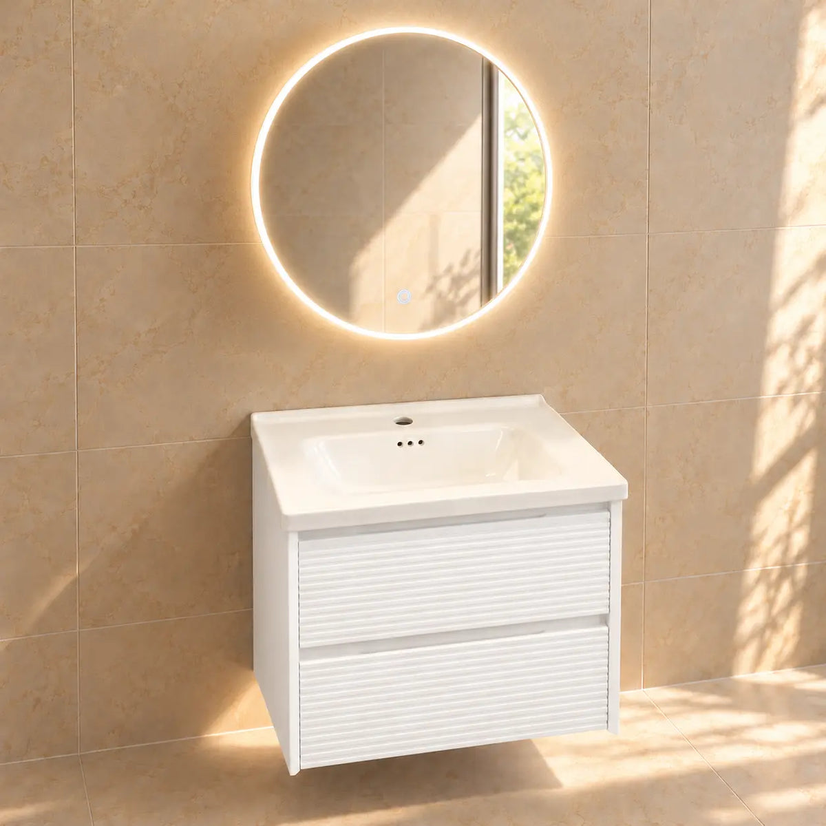 Pack RIVAGE — meuble, vasque et miroir rond LED antibuée inclus