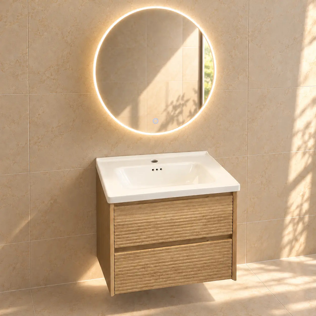 Pack RIVAGE — meuble, vasque et miroir rond LED antibuée inclus
